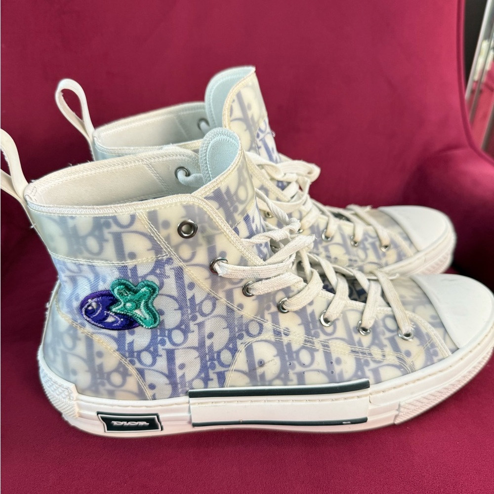Dior White and Gray High-Top Sneakers with Blue and Green Patch